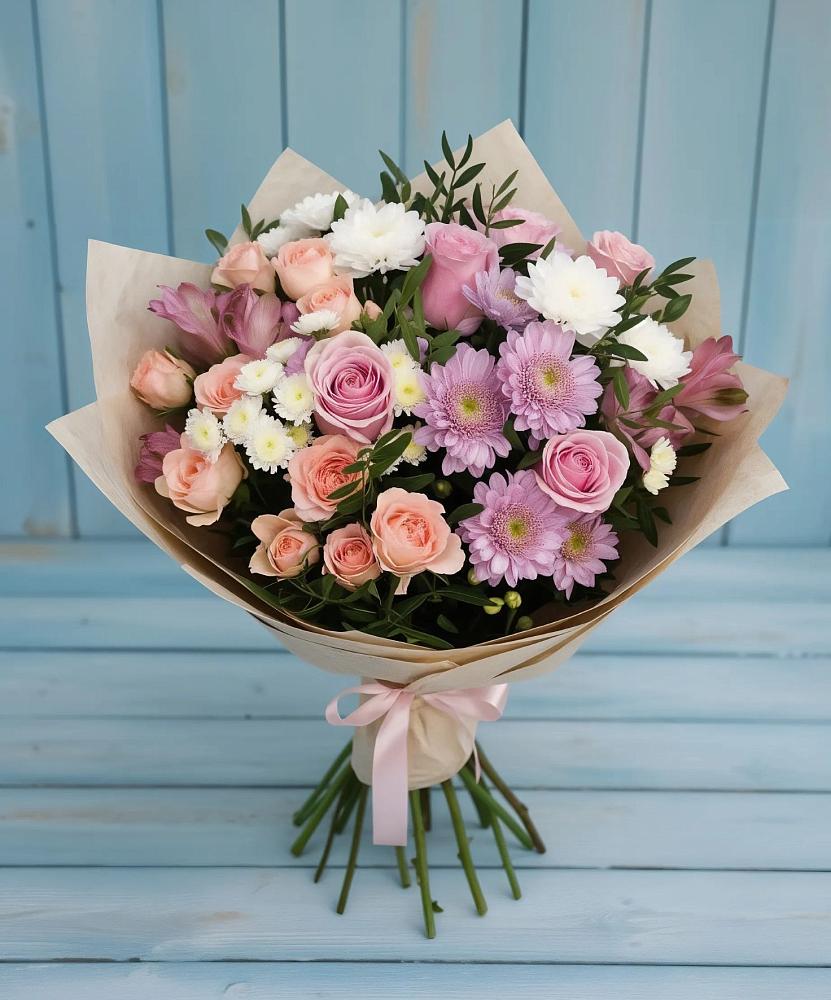 Букет цветов из: Хризантемы, Розы и Альстромерии в Костино