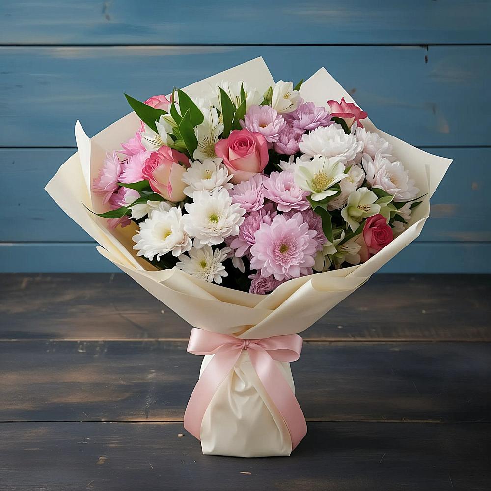 Букет цветов из: Хризантемы, Альстромерии и Розы в Костино